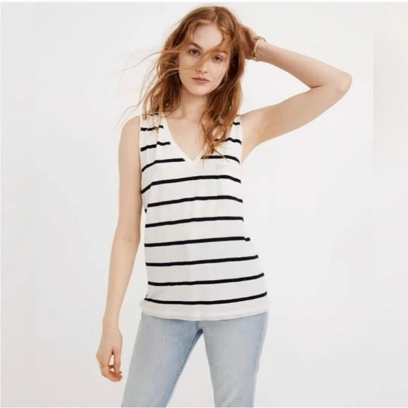 Madewell Black & White Striped V-Neck Pocket Tank – Size Small - Picture 1 of 7